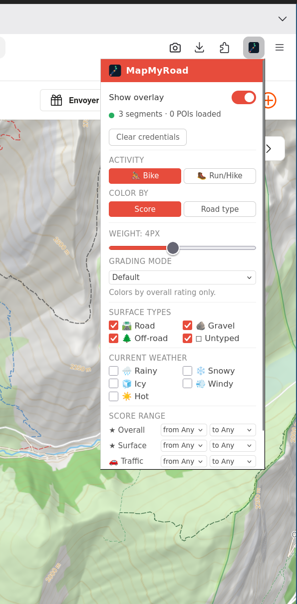 The MapMyRoad Firefox extension's popup, with the overlay toggle, activity mode, color-by mode, grading mode, surface-type filters, weather filters, and score-range filters