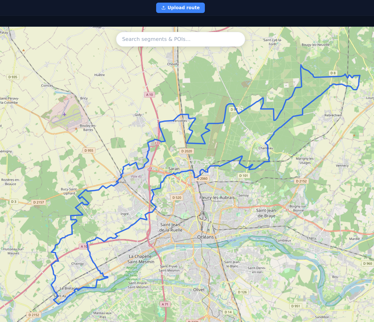 A GPX route freshly imported and displayed on the map before saving