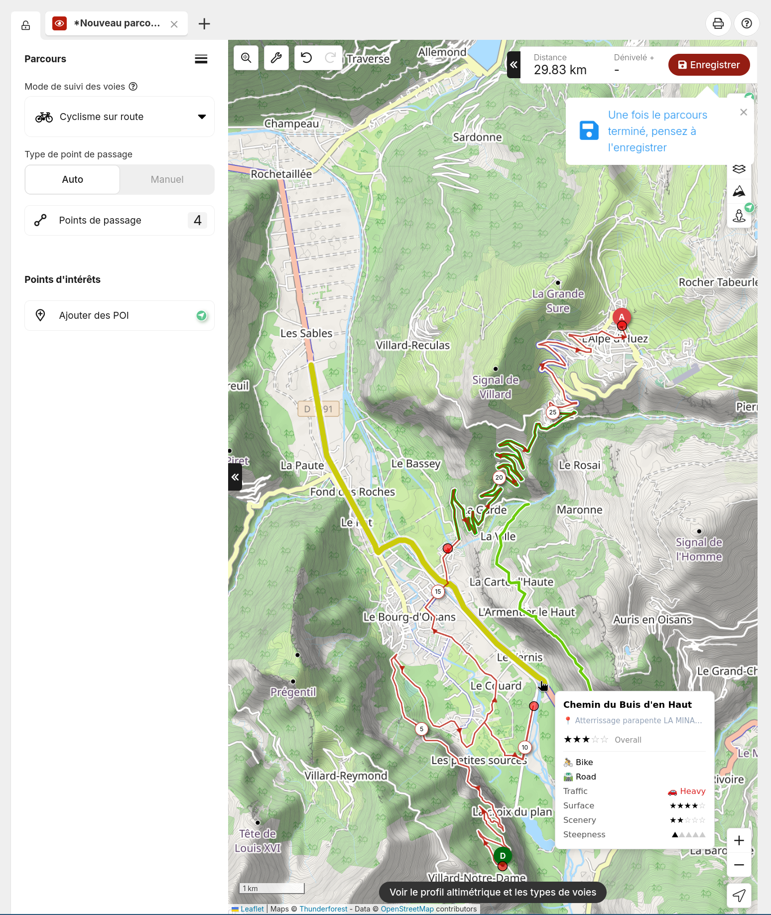MapMyRoad's ratings overlaid on OpenRunner's route builder, showing colored segments and a tooltip with a segment's scores