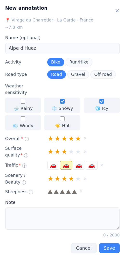 The New annotation panel rating a segment across Overall, Surface, Traffic, Scenery and Steepness, with weather-sensitivity checkboxes