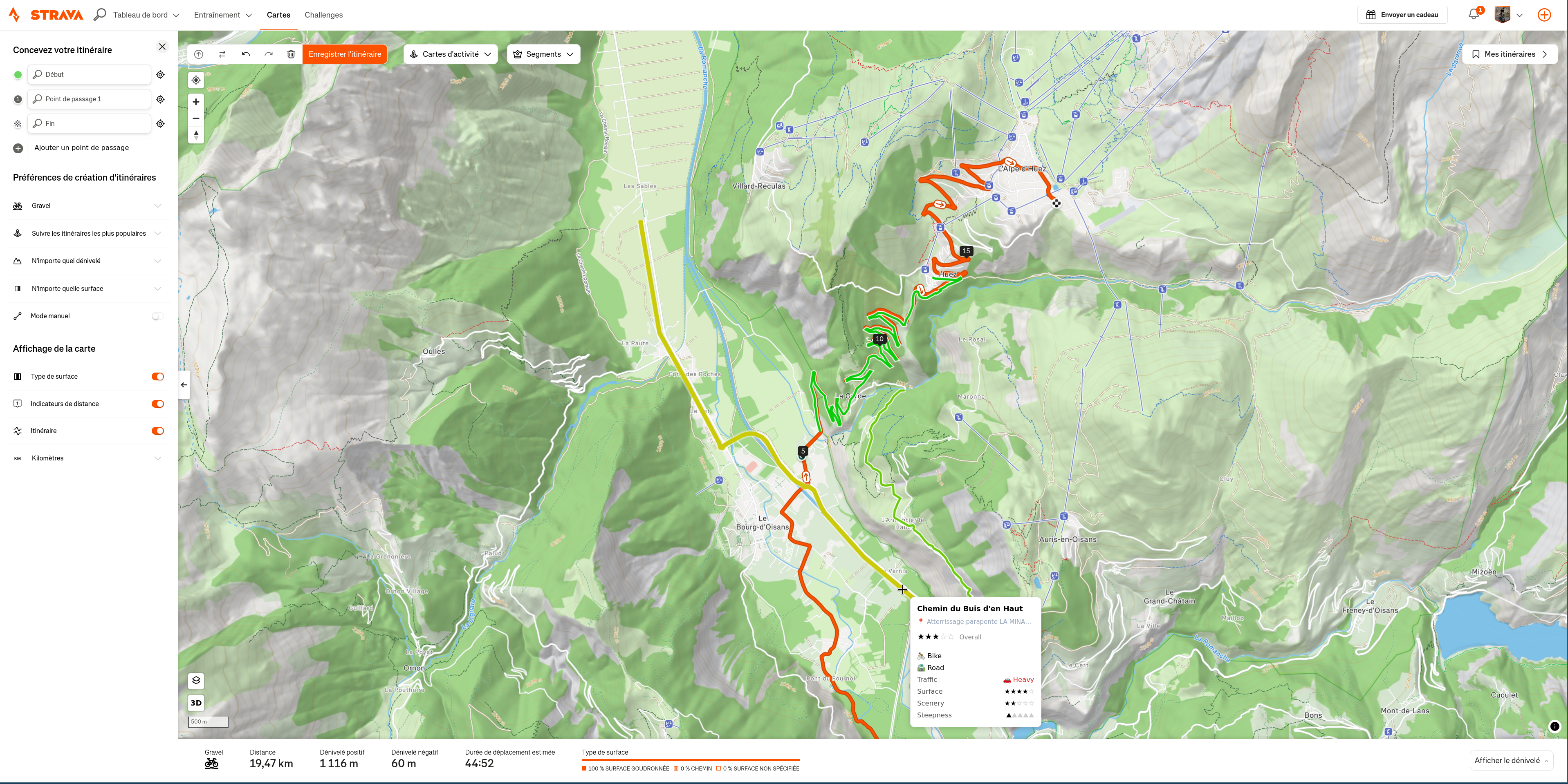 MapMyRoad's ratings overlaid on Strava's route builder, showing colored segments and a tooltip with a segment's scores